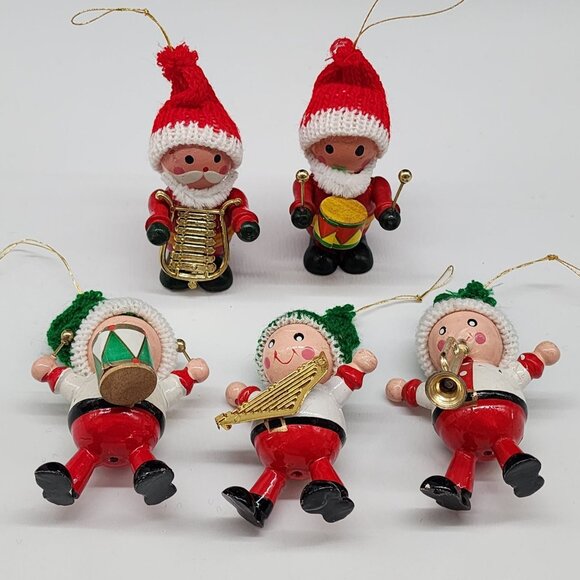 Vintage Wooden Christmas Ornaments Santa Musician Instruments Knit Hats - Picture 1 of 6